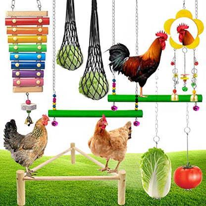 9 Pack Chicken Toys, Chicken Coop Accessories for Father's Day, with 2 Chicken Swing, 1 Chicken Wood Stand, 1 Chicken Xylophone, 1 Chicken Mirror, 2 Vegetable Net Bag, 2 Vegetable Fruits Hanging Fork