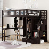 SOFTSEA Espresso Full Size Loft Bed with Desk, Wardrobe, and Storage Steps for Kids SOFTSEA