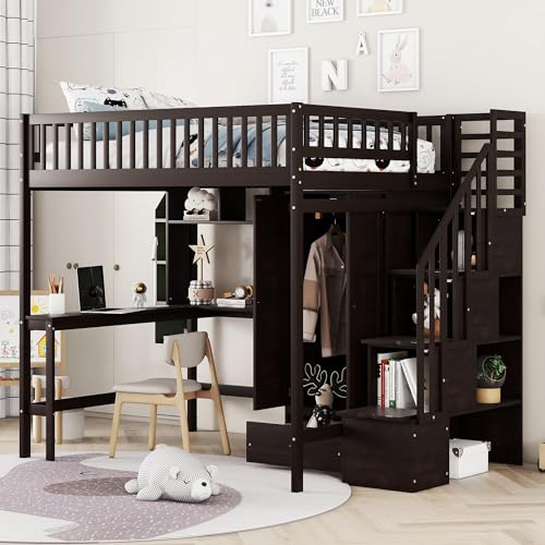 SOFTSEA Espresso Full Size Loft Bed with Desk, Wardrobe, and Storage Steps for Kids - WoodArtSupply