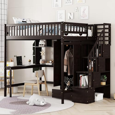 SOFTSEA Espresso Full Size Loft Bed with Desk, Wardrobe, and Storage Steps for Kids SOFTSEA