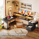 PRAISUN 66" L Shaped Gaming Desk with LED Lights & Power Outlets, Computer Desk with Fabric Drawers and Print Stand, Corner Office Desk, Monitor Stand, Mesh CPU Stand, Black PRAISUN