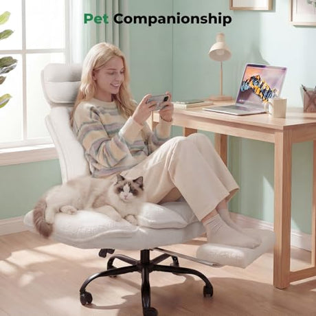 Criss Cross Office Chair with Armrests & Wheels, Comfy Velvet Vanity Chair, Ergonomic Executive Gaming Computer Chairs with Foot Rest, Wide Seat Reclining Desk Chair, White HOMRELEXA