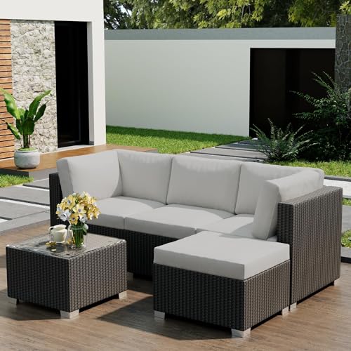 5 Pieces Patio Furniture Sets, Rattan Wicker Conversation Sofa Set, All Weather Outdoor Sectional Patio Sofa, Manual Weaving Patio Seating Sofas with Cushion and Glass Table for Balcony, Gard - WoodArtSupply