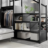 KEIKI Queen Size Metal Loft Bed Frame with Convertible Staircase, Built-in Storage Shelves and Wardrobe, Loft Bed with Solid Slats, Guardrail, No Box Spring Required, Easy Assembly, for Bedroom, Black KEIKI