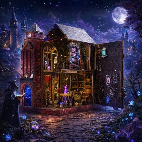 Book Nook Kit, DIY Miniature House Dollhouse Crafts Kit for Adults and Teens, Magic Castle 3D Wooden Puzzle Booknook Build Bookshelf Decor, Gifts for Family and Friends（Arcane Sprire）