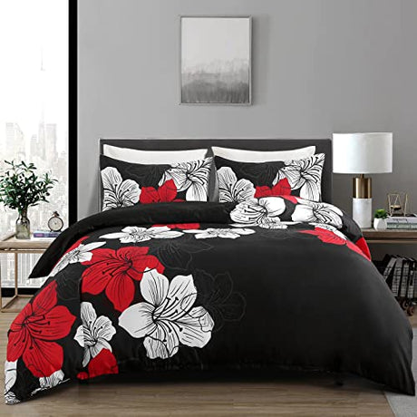 Menghomeus Black Comforter Set Full Red and White Floral Comforter with 2 Pillowcases Modern Bedding Sets Lightweight Boho Bed Set for All Season (1 Comforter, 2 Pillowcases) Menghomeus