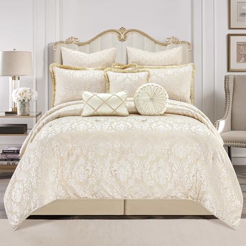 Loom and Mill 9-Piece Elegant Damask Comforter Sets Jacquard Medallion Design, Ultra Soft Floral Bedding with Euro Shams, Bedskirt, Filled Decorative Pillow for Home (Beige White, Queen) Loom and Mill
