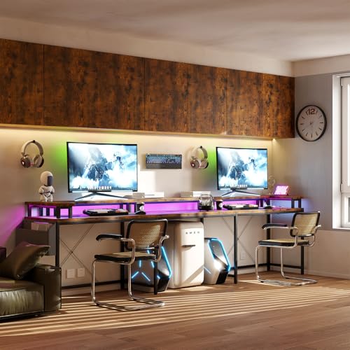 U Shaped Desk with Power Outlets, USB Ports & RGB LED Lights, 79 Inch Large Corner Computer Desk with Monitor Stand, Reversible Gaming Desk for Home Office, Ergonomic Workstation (Rustic Brown) Patikuin