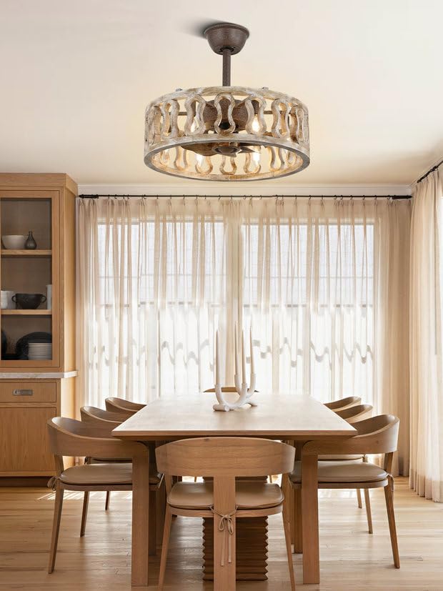 Curve Curio Caged Ceiling Fans with Lights, 18 Inch Farmhouse Ceiling Fans with Lights and Remote, Industrial Fandelier Ceiling Fan Bladeless for Bedroom Living Room Curve Curio