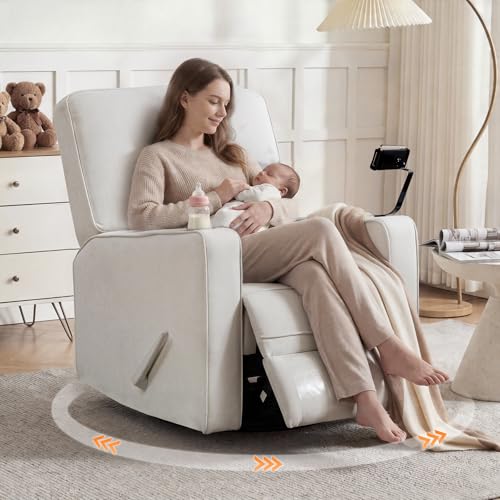 360° Swivel Rocker Recliner Chair with Adjustable Footrest, Rocking Chair Nursery with Phone Stand & Cup Holder,Manual Nursing Chair Glider Recliner Armchair for Adults, Living Room (Beige)