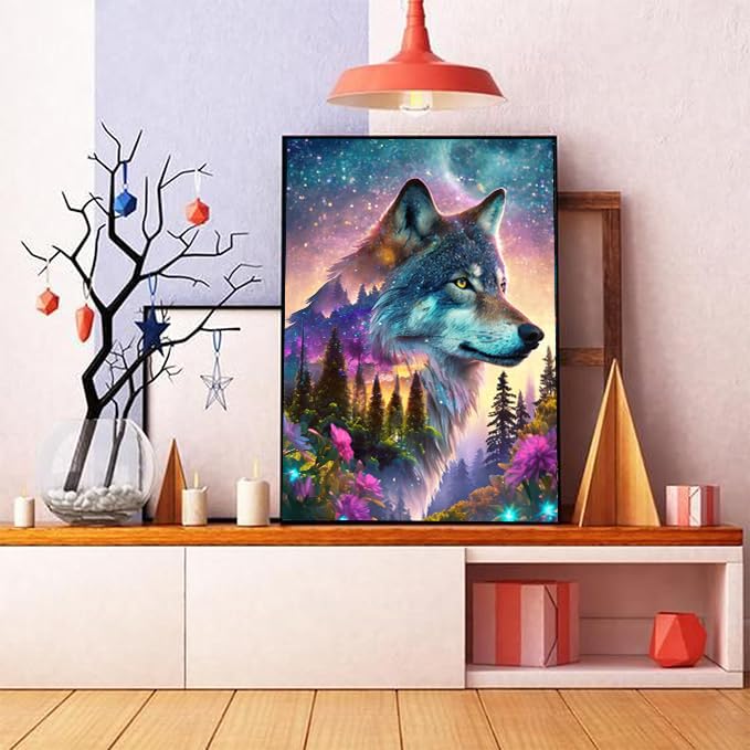 Ekuxom Wolf Diamond Art Kits for Adults, Forest Wolf Diamond Painting Kits, Round Full Drill Animal Wolf Diamond Art Painting Gem Art Wall Decor Gifts 12x16 inch Ekuxom
