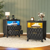 Gurexl 3-Color LED Night Stands Set of 2, Modern Nightstand with Charging Station&Human Body Sensing, 2-Drawer Wood Bedside Table for Bedroom,Black Gurexl