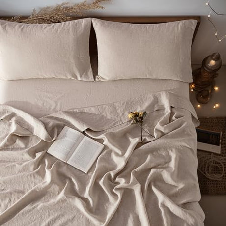 LBRO2M 100% Linen Sheet Set King Size,Bed Sheets 4 Piece Sets, Solid Color Natural Flax Bed Sheets Soft Breathable Bedding,16" Deep Pocket,All Season (King, Linen) LBRO2M