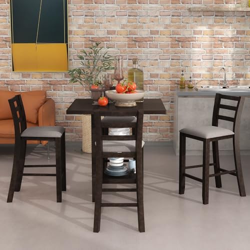 LUMISOL 5-Piece Counter Height Dining Table Set for 4, Square Dining Table Set for Dining Room Kitchen, Farmhouse Kitchen Table with 2-Tier Storage Shelves and 4 Padded Chairs, Espresso LUMISOL