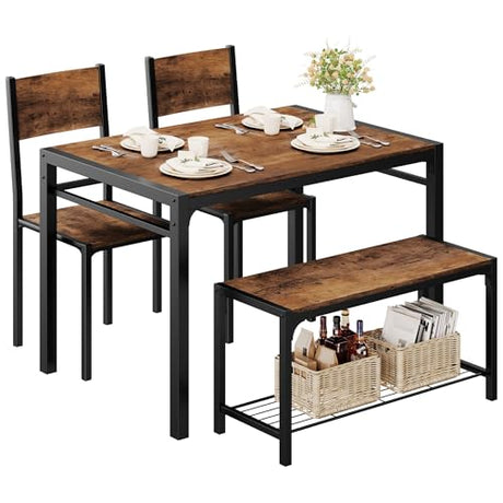 Shahoo Kitchen Table and 2 Chairs for 4 with Bench, 4 Piece Dining Sets for Small Space, Rustic Brown Shahoo