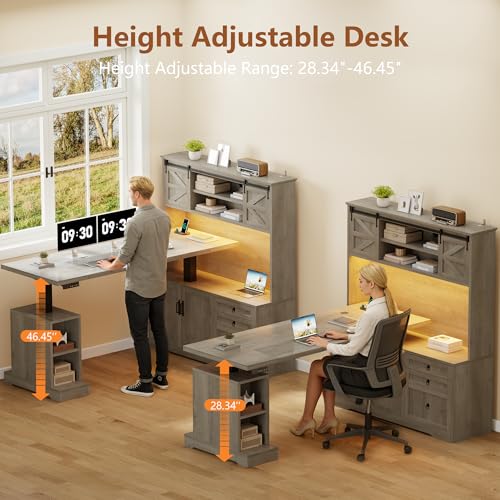 Homiflex 70.86" Farmhouse L Shaped Standing Desk with Hutch Electric Height Adjustable Desk with Storage Corner Computer Desk with File Drawer Power Outlets LED Gaming Desk with Sliding Door, Grey Homiflex