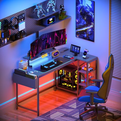 Eivanet L Shaped Gaming Desk with LED Lights & Power Outlet, 40" Reversible Computer Desk with Adjustable Monitor Stand and Storage Shelves Corner Home Office Desk for Small Space Carbon Fiber Black Eivanet