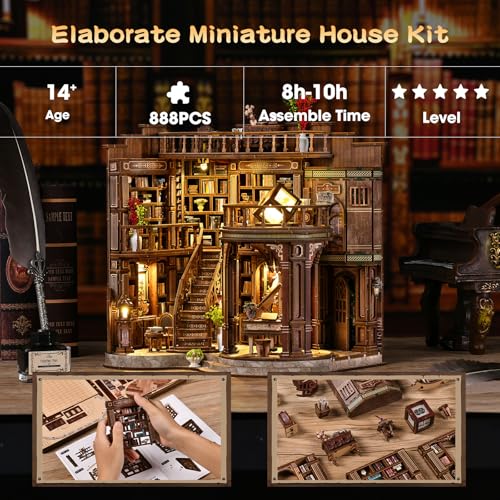3DVASE Book Nooks for Adults, DIY Miniature Dollhouse Book Nook Kit, Model Kits Craft Kits for Adults, 3D Wooden Puzzle Book Nook Craft Bookshelf Decor, Adult Craft Kits Gift with Led Light