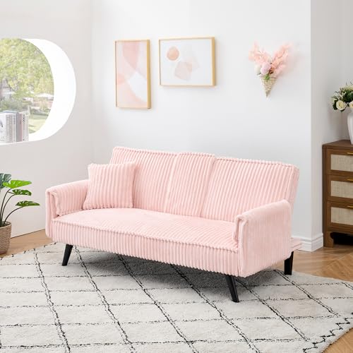72" Modern Corduroy Sofa Bed Futon,Convertible Sleeper Couch Bed with Cup Holder,4 Reclining Positions,Folding Sofa Cloud Loveseat for Small Living Room Apartment Office (Pink-New) Majnesvon
