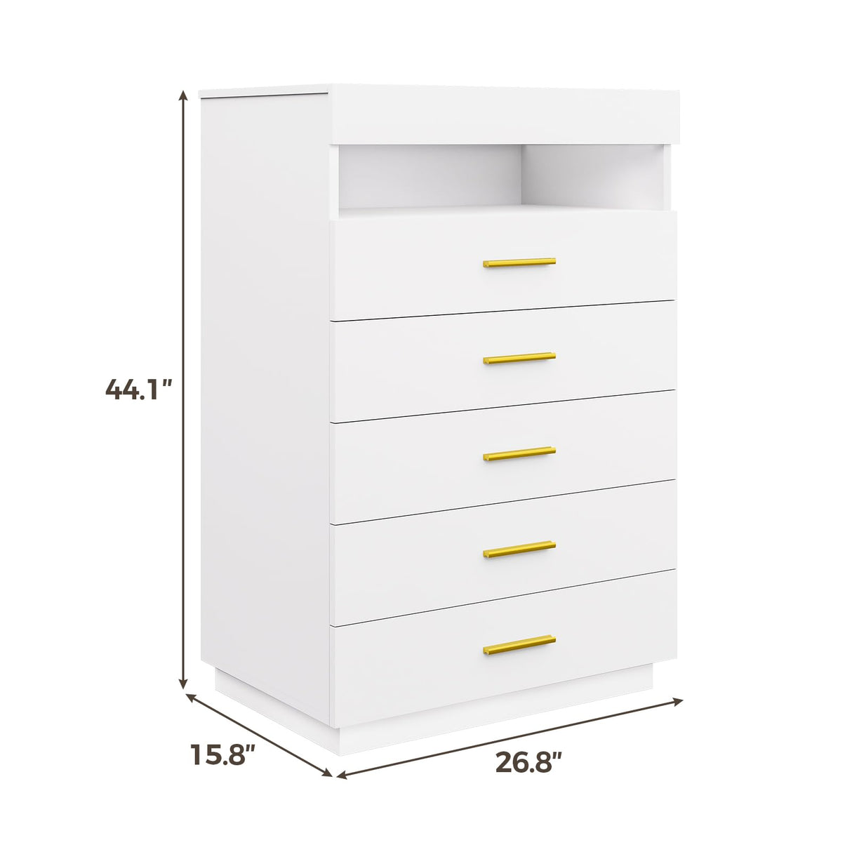 BTHFST White Dresser with LED Lights, Floating Tall Dresser with 5 Large Drawers & Open Storage Space & Pull Out Tray, Chest of Drawers, 5 Drawer Dresser Wood for Bedroom, Living Room BTHFST