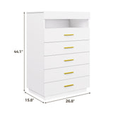 BTHFST White Dresser with LED Lights, Floating Tall Dresser with 5 Large Drawers & Open Storage Space & Pull Out Tray, Chest of Drawers, 5 Drawer Dresser Wood for Bedroom, Living Room BTHFST