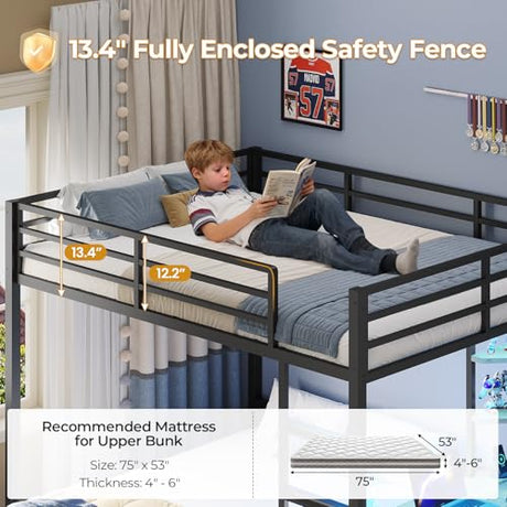 ADORNEVE Bunk Bed with Desk, Full Over Full Bunk Beds with Charging Station & Led Lights, 4 Storage Drawers & 2 Open Storage Shelves, Metal Loft Bed with Safety Guardrail & Ladder for Kids/Teen, Black ADORNEVE