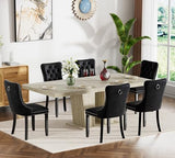 Goujxcy 7-Piece Extendable Dining Table Set for 6, 63-78 Inch Faux Travetine Kitchen Table Set with 6 Black Upholstered Chairs Modern Wood Expandable Dining Room Table Set for Kitchen Apartment Goujxcy