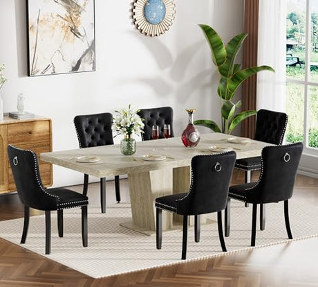 Goujxcy 7-Piece Extendable Dining Table Set for 6, 63-78 Inch Faux Travetine Kitchen Table Set with 6 Black Upholstered Chairs Modern Wood Expandable Dining Room Table Set for Kitchen Apartment Goujxcy