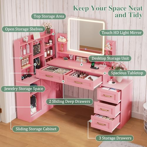 Dnxao Makeup Vanity with Mirror and Lights,Vanity Desk with Lights & 5 Drawers,Makeup Desk with Charging Station & Cabinets Adjustable Width, Modern Dressing Table for Bedroom,Pink Dnxao