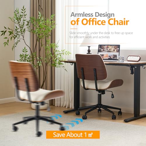 VINGLI Wide Curved Seat&Back Armless Home Office Chair,Ergoromic Adjustable-Height Desk Chair,Swivel&Tilting Function,Stylish Walnut Task Chair for Meeing Room,Dining Room,PU,Khaki VINGLI