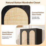 VINGLI Rattan Wardrobe Closet, Armoire Closet with Drawers & Hanging Rod, Armoire with Shelves and Doors, Wooden Wardrobe for Hanging Clothes, Black, 68.9" H VINGLI