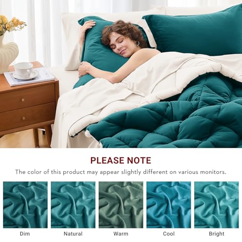 MUXHOMO 7 Pieces Full Comforter Set, Reversible Bed in a Bag Full Size, All Season Bedding Set with Comforter, Flat Sheet, Fitted Sheet, Pillowcases & Shams, Peacock Blue & Ivory MUXHOMO