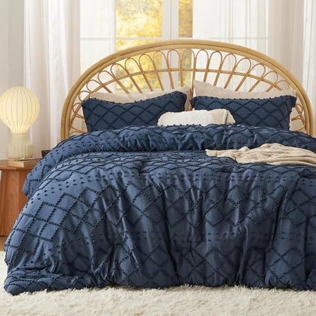 Bedsure Twin Comforter Set - Navy Blue Comforter, Boho Tufted Shabby Chic Bedding for Kids, 2 Pieces Vintage Farmhouse Bed Set for All Seasons, Fluffy Soft Bedding with 1 Pillow Sham Bedsure