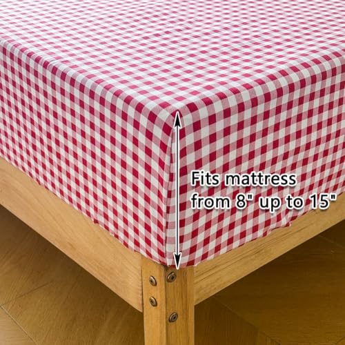 NSNLGSGC Red Gingham Ruffle King Sheet Set, Red Soft Pre-Washed Microfiber Plaid King Bed Sheets, 4-Pieces Farmhouse Sheet Set with Deep Pocket NSNLGSGC