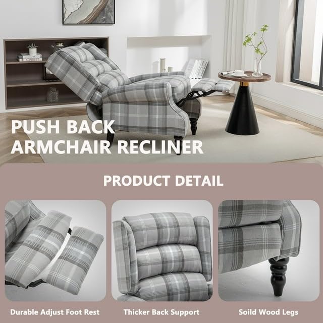 Upholstered Wingback Recliner Chair, Plaid Recliner Chair Armchair Adjustable Footrest Push Back Reclining Sofa, Mid-Century Modern Lounge Armchair for Living Room, Bedroom, Reading -- Natural PATIOPTION