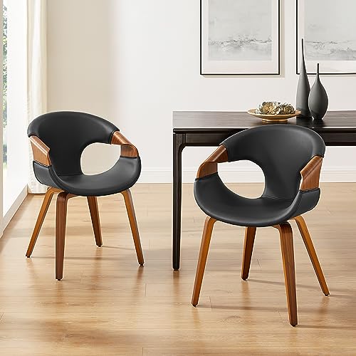 Art Leon Desk Chair No Wheels - Mid Century Modern Chair, Faux Leather Upholstered Office Chair with Wood Legs for Living Room Bedroom, Walnut Bentwood, Black Art Leon
