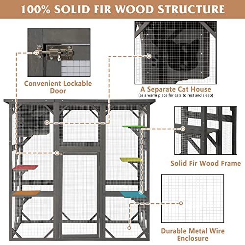 MAGIC UNION Large Fir Wooden Outdoor Indoor Catio Cat Enclosure with Weather Protection Roof with Cattery and 5 Platforms - WoodArtSupply