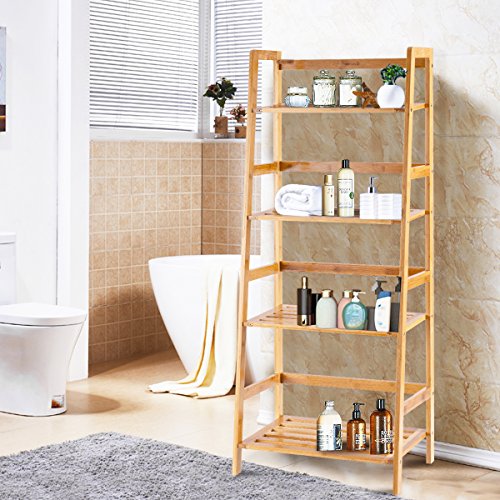 COSTWAY 47.5'' Natural Bamboo 4-Tier Ladder Shelf - Stylish Storage and Display Rack COSTWAY