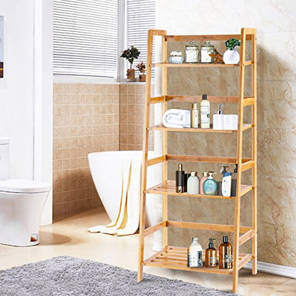 COSTWAY 47.5'' Natural Bamboo 4-Tier Ladder Shelf - Stylish Storage and Display Rack - WoodArtSupply