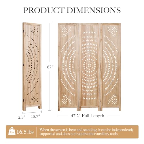 66.9Inch Folding Room Divider, 3 Panels Wood Carved Privacy Screens, Free Assembled Freestanding Partition for Home Office Restaurant Bedroom (Natural) Svimi