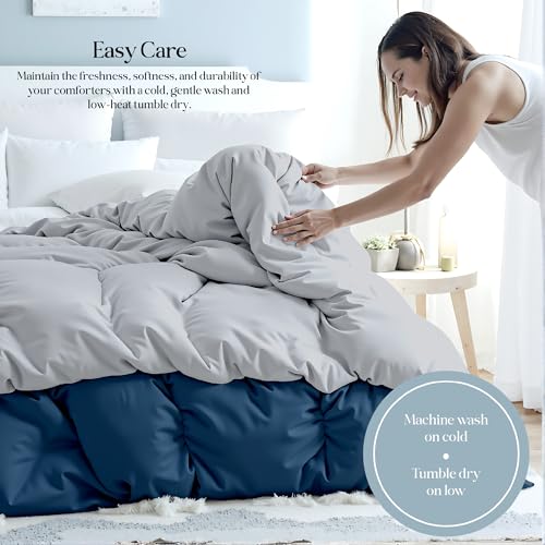 ROYALE LINENS Reversible Comforter - Twin Size Duvet Insert - All Season Soft Quilted Comforters with 8 Corner Tabs - Down Alternative Bedding Comforter - Duvet Insert (Navy/Silver, Twin 64"x84") ROYALE LINENS