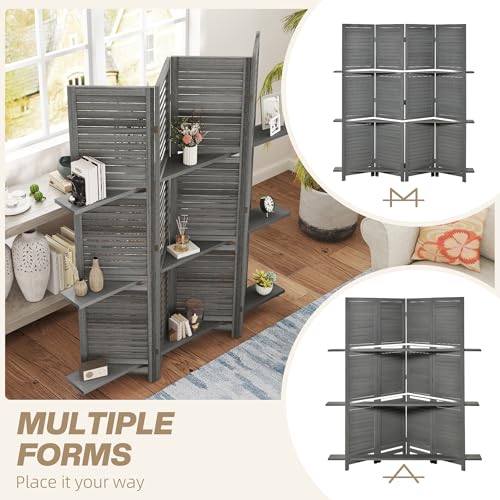 HOMCOM Room Divider, 4 Panel 67" Tall Wood Privacy Screen with 3 Display Shelves, and Folding Storage for Bedroom or Home Office, Gray HOMCOM