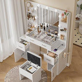 Makeup Vanity Desk with Lights, Glass Top Vanity with Charging Station, Vanity Mirror with 9 LED Lights Desk, Nightstand, Vanity Set with Storage Bench, 3 Lighting Modes Brightness Adjustable, White VALONDINO