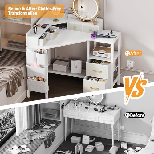 Espelism Corner Vanity Desk with Charging Station, 49.6" Makeup Table with Fabric Drawers & Side Pocket, Space-Saving Dressing Table for Small Space Bedroom Dorm(White) Espelism