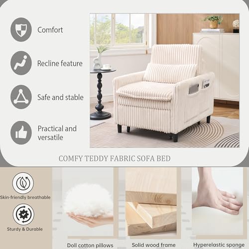 Majnesvon Modern Corduroy Fabric Sofa Bed Futon,3 in 1 Convertible Pullout Sleeper Couches with 3 Reclining Backrests,Small Sofa Chair Bed for Living Room Bedroom (White) Majnesvon