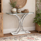 O&K FURNITURE Silver Glass Console Tables for Entryway,Glass Entryway Table with Curved Frames and Marble Base, Modern Entrance Table Sofa Table for Living Room,Hallway,Silver Glass&White Marble O&K FURNITURE