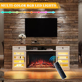 LUXOAK 70" Farmhouse Curved Fireplace TV Stand, LED Light Entertainment Center Table with 36'' Upgrade Electric Fireplace TV Console Cabinet for TVs Up to 80", Antique White Barnwood LUXOAK