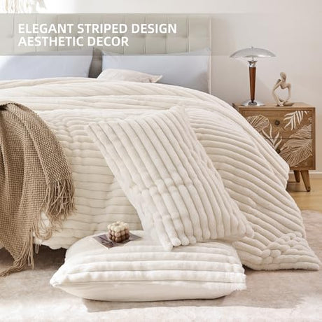 Smoofy Fluffy Twin Comforter Sets 2 Pieces - Cream White Fleece Fluffy Comforter Set, Luxury Fuzzy Twin Bedding Set, Soft Warm Comforter All Season, Heavy Faux Fur Comforter with Pillow Cases Smoofy