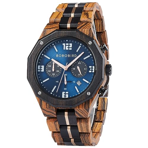 BOBO BIRD Men's Wooden Watch Sport Fashion Wristwatch Casual Chronograph Quartz Watches Men's Wood Stainless Steel Strap Watch with Date Display (Blue) BOBO BIRD