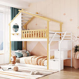 Harper & Bright Designs Twin Over Twin Bunk Bed with Stairs, Stairway House Bunk Bed Frame with Storage and Guard Rail for Kids Girls Boys (Natural and White) Harper & Bright Designs